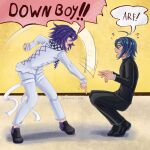  2boys ahoge black_jacket blue_hair blush checkered_clothes checkered_scarf cross-laced_clothes cross-laced_top danganronpa_(series) danganronpa_v3:_killing_harmony domination english_commentary english_text flipped_hair from_side full_body hair_between_eyes highres insanemapleleaf jacket long_sleeves male_focus medium_hair motion_lines multiple_boys oma_kokichi open_mouth pants pointing pointing_down profile purple_eyes purple_hair saihara_shuichi scarf short_hair speech_bubble squatting standing striped_clothes striped_jacket striped_pants thigh_strap two-tone_scarf vertical-striped_sleeves yaoi 