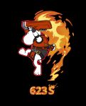  1boy absurdres az_artorius black_background body_fur command_input cosplay dog fighting_game fire guilty_gear hat highres holding holding_sword holding_weapon peanuts_(comic) red_hat red_vest simple_background snoopy sol_badguy sol_badguy_(cosplay) solo sword vest weapon white_fur 