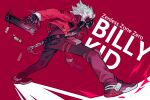  1boy absurdres belt billy_kid chain character_name collared_jacket commentary copyright_name cyborg dual_wielding dynamic_pose english_commentary gun highres holding holding_gun holding_weapon jacket layered_sleeves long_sleeves looking_ahead male_focus open_clothes open_jacket p_(pm_611a) pants popped_collar pouch red_jacket red_theme shell_casing shoes solo sparkle studded_belt thigh_belt thigh_pouch thigh_strap unzipped weapon white_hair yellow_eyes zenless_zone_zero zipper 