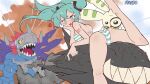  ass bikini blue_bikini blue_eyes blue_hair blue_scales blush breast_missiles breasts crossover digimon digimon_(creature) dinosaur hatsune_miku heart helmet lying medium_breasts metalgreymon_(virus) miku_day missionary multicolored_bikini on_stomach purple_wings red_hair sharp_teeth shoulder_tattoo star-shaped_pupils star_(symbol) striped_bikini striped_clothes supermondobeat sweatdrop swimsuit symbol-shaped_pupils tattoo teeth terriermon terriermon_joshu torn_wings two-tone_bikini veins vocaloid white_bikini wings 