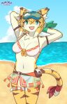 2025 anthro artist_logo artist_name aurorasylveon beach belt bikini blue_eyewear blue_goggles blue_sky bra breasts brown_stripes clothed clothing cloud cygames day digital_drawing_(artwork) digital_media_(artwork) dipstick_hair dipstick_tail eyewear eyewear_on_head felid female fur goggles goggles_on_head green_eyes hands_behind_head hi_res inner_ear_fluff leg_belt logo mammal markings medium_breasts mia_(world_flipper) multicolored_body multicolored_fur navel open_mouth open_smile outside pantherine partially_clothed pigtails pinup pose raised_arms red_bra red_clothing red_underwear red_wraps sand sea sky slim_tail smile solo striped_body striped_fur stripes swimwear tail tail_markings tail_wraps text tiger tuft two-piece_swimsuit underwear water white_bra white_clothing white_underwear world_flipper wraps yellow_arms yellow_body yellow_fur yellow_legs