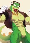 2023 anthro black_clothing black_jacket black_topwear booboo34 bottomless chain_necklace clothed clothing crocodile crocodilian electronics featureless_crotch gloves gold_(metal) gold_jewelry gold_necklace green_body green_scales handwear headphones hi_res jacket jewelry male muscular muscular_anthro muscular_male necklace open_clothing open_jacket open_topwear pecs reptile scales scalie sega simple_background solo sonic_the_hedgehog_(series) tail_spines tan_background topwear vector_the_crocodile white_clothing white_gloves white_handwear yellow_eyes