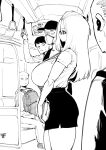  1girl 4boys ass bag bangs_pinned_back bralines breasts chair glasses handbag highres holding holding_bag huge_breasts inne_sulistya_robin long_hair looking_at_breasts monochrome multiple_boys norman_maggot original pencil_skirt profile shirt short_sleeves skirt staring train train_interior 
