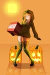  1girl absurdres ass_visible_through_thighs closed_mouth creeparka creeper cupa_(at2.) destinyplayer1 explosive gloves green_hoodie green_thighhighs highres holding_block hood hood_up hoodie jack-o'-lantern long_hair looking_at_viewer minecraft mob_talker orange_background orange_eyes orange_hair orange_theme panties personification pumpkin skindentation smile solo sun thighhighs tnt tnt_block_(minecraft) underwear 