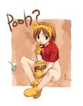  1girl animal_ears artist_request bear_ears black_eyes bottomless brown_hair crop_top dated english fake_animal_ears gloves headband honey midriff orange_gloves personification piglet_(winnie_the_pooh) pooh short_hair socks winnie_the_pooh 