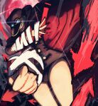  1girl arrow_(symbol) artist_logo bandages bare_legs black_cape black_hat black_jacket black_panties blonde_hair blurry blurry_background buttons cape double-breasted dutch_angle foreshortening goggles goggles_on_headwear grey_background groin gunko hat highres jacket logo long_sleeves motion_blur one_eye_covered one_piece panties red_background red_cape red_theme solo taku_(aywakutakuay) two-sided_cape two-sided_fabric underwear 