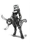 2025 anthro armor belt cleavage_cutout clothed clothing cutout dare_(artist) digitigrade facial_markings felid feline female fully_clothed fuuma_shuriken gauntlets gloves greaves greyscale handwear head_markings hi_res leopard_spots leopardus mammal markings mask_(marking) monochrome ocelot pouch_(anatomy) pouch_purse ranged_weapon serious_face shuriken simple_background solo spots standing ta&#039;liana throwing_weapon weapon white_background