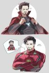  2boys absurdres animification arc_reactor armor avengers:_infinity_war avengers_(series) black_eyes black_hair black_pants black_shirt chjjlold cloak closed_eyes closed_mouth clothes_grab commentary_request cosplay costume_switch crossed_arms doctor_strange doctor_strange_(cosplay) facial_hair full_body grey_background grey_hair hands_on_own_hips highres iron_man iron_man_(cosplay) korean_commentary korean_text long_sleeves looking_at_another marvel marvel_cinematic_universe multicolored_hair multiple_boys pants power_armor red_armor red_cloak shirt short_hair simple_background smile sparkle speech_bubble streaked_hair superhero_costume thought_bubble tony_stark translation_request upper_body 