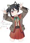  1girl ;) \m/ animal_ears arms_up asymmetrical_sidelocks black_hair blush cat_ears closed_mouth collared_shirt commentary_request cropped_legs double_\m/ green_ribbon grey_jacket haru_(konomi_150) heart jacket long_sleeves looking_at_viewer love_live! love_live!_school_idol_project medium_hair neck_ribbon nico_nico_nii one_eye_closed open_clothes open_jacket pleated_skirt red_eyes red_sailor_collar red_skirt ribbon sailor_collar shirt simple_background skirt smile solo translated twintails white_background white_shirt yazawa_nico 
