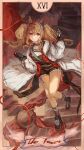  1girl absurdres angelina_(arknights) animal_ears arknights black_collar black_gloves black_shoes black_shorts black_socks bomb border brown_hair card_(medium) coat collar collarbone dot_nose earpiece english_commentary english_text explosive floating_clothes floating_hair fox_ears full_body gloves hairband hands_up highres indoors infection_monitor_(arknights) jacket karenncat kneehighs layered_shirt lit_fuse long_hair long_sidelocks long_sleeves looking_at_viewer material_growth on_stairs open_clothes open_coat open_jacket oripathy_lesion_(arknights) red_eyes red_hairband red_jacket shoes short_shorts shorts sidelocks smile sneakers socks standing striped_clothes striped_hairband tarot tarot_(medium) the_tower_(tarot) twintails unzipped white_border white_coat 