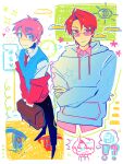  !? 2boys ^^^ alternate_eye_color alternate_hair_color america_(hetalia) axis_powers_hetalia bag black_pants black_shoes blue_eyes blue_hoodie blue_pupils blue_sweater_vest brown_bag chinese_commentary closed_mouth collared_shirt commentary_request crossed_arms drawstring freckles grey_shirt highres holding holding_bag hood hood_down hoodie image_in_thought_bubble jacket male_focus multiple_boys necktie pants pink-tinted_eyewear pink_hair pink_shirt red_eyes red_hair red_jacket red_necktie red_pupils school_uniform shirt shoes siyuyuan82128 smile speech_bubble sunglasses sweater_vest thought_bubble tinted_eyewear united_kingdom_(hetalia) 