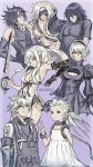  2b_(nier:automata) 3girls 4boys abs absurdres arm_behind_back belt_collar black_blindfold black_dress blindfold blue_eyes breasts caim_(drag-on_dragoon) cleavage_cutout closed_mouth clothing_cutout collar drag-on_dragoon drag-on_dragoon_1 drag-on_dragoon_2 drag-on_dragoon_3 dress fio_(nier) flower flower_over_eye grey_hair hair_between_eyes highres holding holding_sword holding_weapon intonerzerorose large_breasts limited_palette long_hair looking_at_viewer mature_male mechanical_arms medium_hair multiple_boys multiple_girls navel nier nier:automata nier_(brother) nier_(father) nier_(series) nier_reincarnation nowe outside_border pink_eyes prosthesis prosthetic_arm purple_background short_hair simple_background single_mechanical_arm smile standing sword v weapon white_dress white_hair zero_(drag-on_dragoon) 