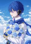  1boy absurdres ame_(harusame) baby&#039;s-breath blue_eyes blue_flower blue_hair blue_ribbon blue_rose blue_scarf bouquet cloud coat collared_coat commentary_request contrail flower hair_between_eyes headset highres holding holding_bouquet kaito_(vocaloid) kaito_(vocaloid3) looking_to_the_side male_focus open_mouth popped_collar ribbon rose scarf sideways_glance sky sleeve_cuffs solo unzipped upper_body vocaloid white_coat white_flower white_rose zipper 
