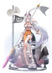  1girl absurdres asymmetrical_clothes bare_shoulders breasts caba_(caba091) checkered_flag choker cleavage closed_mouth detached_sleeves dragon_horns dragon_tail epic_seven flag framed_breasts full_body gradient_clothes highres holding holding_polearm holding_weapon horns large_breasts long_hair long_sleeves looking_at_viewer luna_(epic_seven) orange_choker orange_eyes orange_pants pants polearm race_queen simple_background single_pantsleg single_thighhigh smile solo spear tail thigh_strap thighhighs thighs underboob unzipped very_long_hair vest weapon white_background white_hair white_thighhighs white_vest zipper_pull_tab 