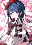  1girl artist_name black_bow black_gloves blue_eyes blush bow center_frills danganronpa:_trigger_happy_havoc danganronpa_(series) frills fuku_sa gloves hair_bow hair_ornament hairclip hand_up heart heart_hair_ornament highres holding holding_heart maizono_sayaka official_alternate_costume pink_bow red_bow red_skirt shirt skirt smile solo teeth white_shirt 