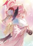  1girl absurdres alternate_costume black_wings blue_archive blush commentary_request cowboy_shot flower fur-trimmed_kimono fur_trim furisode furisode_sleeves hair_bun hair_flower hair_ornament halo head_wings highres japanese_clothes kimono kinchaku koharu_(blue_archive) kokko_(kokko3045) korean_commentary looking_at_viewer looking_to_the_side low_wings open_mouth pink_eyes pink_hair pink_kimono pouch solo teeth upper_teeth_only wings 
