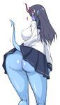  big_breasts big_butt blue_body blue_skin breasts butt clothing demon demon_humanoid female hi_res horn horned_humanoid humanoid mimizu no_underwear not_furry raised_tail school_uniform simple_background solo spade_tail uniform upskirt white_background 