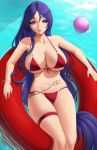  1girl ball bangs bare_shoulders belly_chain bikini blush bracelet breasts cleavage collarbone fate/grand_order fate_(series) highres innertube jewelry large_breasts long_hair looking_at_viewer minamoto_no_raikou_(fate/grand_order) navel parted_bangs parted_lips purple_eyes purple_hair red_bikini swimsuit thigh_strap thighs very_long_hair water zaphn 