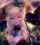  1girl animal_ear_fluff animal_ears bangs bare_shoulders beni_ttt black_collar blue_eyes blue_flower blush breasts cat_day cat_ears cleavage collar collarbone commentary_request detached_collar dress flower frown gloves green_ribbon highres holding holding_umbrella large_breasts long_hair long_sleeves looking_at_viewer original plant rain ribbon solo_focus tears umbrella wet wet_clothes white_dress white_gloves white_hair window 