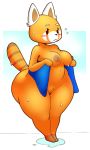  2018 aggressive_retsuko ailurid angstrom anthro belly big_butt biped blush breasts butt digital_media_(artwork) embarrassed female genitals hi_res huge_butt huge_thighs mammal nipples nude pussy red_panda retsuko sanrio short_stack shower simple_background solo standing thick_thighs towel water wet 