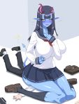  3:4 big_breasts blue_body blue_skin blush bodily_fluids breasts clothing demon demon_humanoid female hi_res horn horned_humanoid humanoid larger_female mimizu not_furry school_uniform sitting size_difference sweat uniform 