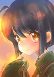  1girl ahoge black_hair blurry bokeh canteen depth_of_field eyelashes from_side hand_up imperial_japanese_army looking_at_viewer looking_to_the_side m_tap military military_uniform original portrait short_hair smile soldier solo sunset uniform world_war_ii 