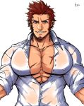  1boy abs bara blue_eyes brown_hair bursting_pecs chest collar covered_nipples facial_hair fate/grand_order fate_(series) goatee highres imminent_hug k_ei3k looking_at_viewer male_focus muscle napoleon_bonaparte_(fate/grand_order) open_clothes open_shirt pectorals pov scar see-through sideburns smile solo unbuttoned 