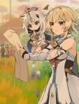  2boys 2girls animal bangs blonde_hair blue_flower blurry blurry_background breasts closed_mouth cloud detached_sleeves dress fingerless_gloves flower fox genshin_impact gloves grass gyoju_(only_arme_nim) hair_between_eyes hair_flower hair_ornament halo highres holding holding_animal holding_map korean_commentary lumine_(genshin_impact) map multiple_boys multiple_girls outdoors paimon_(genshin_impact) short_hair_with_long_locks sky small_breasts squiggle standing sweat tartaglia_(genshin_impact) white_dress white_flower white_hair zhongli_(genshin_impact) 