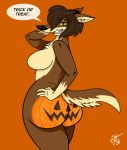  anthro blue_eyes bodypaint breasts brown_body brown_fur butt canid canine canis female food fruit fur hair half-closed_eyes hi_res looking_at_viewer lucy_lupa mammal narrowed_eyes nude pinup plant pose pumpkin simple_background smile solo text thick_thighs unclescooter wolf 