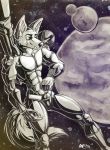  2018 2019 absurd_res android anthro armor black_and_white black_nose boneitis canid canine chrome chrome_body claws communicator digital_drawing_(artwork) digital_media_(artwork) floating graphite_(artwork) greyscale gun hi_res implant looking_down machine male mammal metallic_body monochrome moon pencil_(artwork) plantigrade ranged_weapon robot robotic scar smile solo space star story_at_source tail_tuft toothy_grin traditional_media_(artwork) tuft weapon weapon_on_shoulder wolf_tail 