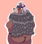 2020 absurd_res anthro brown_body brown_fur butt clothing cute_fangs fur harushipanda hi_res kimun_kamui_(tas) male mammal overweight overweight_anthro overweight_male simple_background solo tokyo_afterschool_summoners underwear ursid video_games 