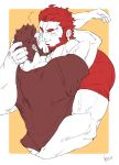  2boys arms_around_neck ass_grab bara beard blush brown_hair closed_eyes couple facial_hair fate/grand_order fate_(series) french_kiss hand_on_another&#039;s_head highres iskandar_(fate) k_ei3k kiss male_focus manly multiple_boys muscle napoleon_bonaparte_(fate/grand_order) partially_colored red_hair saliva saliva_trail shirt t-shirt upper_body veins yaoi 
