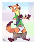  2020 3_toes 4_fingers anthro beverage blush border canid canine clothed clothing coffee coffee_cup diaper disney extry fingers fox fur green_clothing green_eyes green_shirt green_topwear hi_res male mammal nick_wilde orange_body orange_fur pants_down partially_clothed shirt solo spilling_drink toes topwear wardrobe_malfunction white_border zootopia 