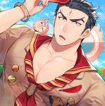  1boy aizen_(tokyo_houkago_summoners) alternate_costume badge bara black_hair bursting_pecs chest close-up facial_mark feathers forehead_mark hozunomi looking_at_viewer male_focus medal muscle open_clothes open_mouth pectorals red_eyes solo tokyo_houkago_summoners translation_request upper_body 