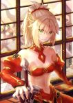  1girl absurdres bangs blonde_hair bra braid breasts cleavage closed_mouth crown_braid detached_sleeves eyebrows_visible_through_hair fate/apocrypha fate_(series) green_eyes hair_between_eyes hair_intakes hair_ornament hair_scrunchie hand_on_hilt highres indoors kotatsu_kaya long_hair long_sleeves looking_down medium_breasts midriff mordred_(fate) mordred_(fate)_(all) navel ponytail red_bra red_scrunchie red_sleeves scrunchie shiny shiny_hair solo stomach strapless strapless_bra sword tied_hair underboob underwear weapon 