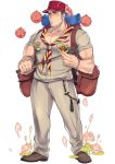  1boy aizen_(tokyo_houkago_summoners) alternate_costume backpack bag bara black_hair blush chest close-up facial_mark forehead_mark full_body hat kijimahyogo looking_at_viewer male_focus official_art open_mouth pants pectorals red_eyes solo tokyo_houkago_summoners 