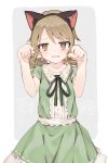  1girl @_@ animal_ears blush brown_eyes cat_ears center_frills dress eyebrows_visible_through_hair fake_animal_ears green_dress grey_background hands_up highres idolmaster idolmaster_cinderella_girls light_brown_hair long_hair looking_at_viewer morikubo_nono parted_lips paw_pose ringlets shone simple_background solo 