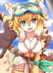  2020 anthro beach black_nose blonde_hair breasts butt_from_the_front chest_tuft cleavage clothed clothing cloud cute_fangs day eyewear felid female fur goggles goggles_on_head hair hi_res horokusa0519 kemono leaning leaning_forward looking_at_viewer mammal mia_(world_flipper) outside pantherine seaside smile solo stripes tiger tuft water world_flipper yellow_body yellow_fur 