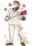  1boy aizen_(tokyo_houkago_summoners) armband bara black_hair chest close-up facial_mark flower forehead_mark full_body kijimahyogo looking_at_viewer male_focus necktie official_art open_mouth pants red_eyes shoes solo tokyo_houkago_summoners 