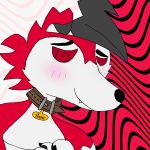  1:1 2020 ammie_lycan anthro blush canid canine claws collar colored digital_drawing_(artwork) digital_media_(artwork) edit english_text female fur giogio_cat_(artist) hair lycanroc mammal midnight_lycanroc nintendo nude pattern_background pok&eacute;mon pok&eacute;mon_(species) portrait red_body red_eyes red_fur simple_background smile solo text video_games white_body white_fur 