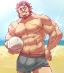  1boy abs alternate_costume annteeart ball bara beard bulge chest day eyewear_on_head facial_hair fate/grand_order fate/zero fate_(series) hand_on_hip iskandar_(fate) looking_at_viewer male_focus male_swimwear manly muscle nipples outdoors pectorals red_eyes red_hair scar smile solo sparkle summer swimwear upper_body volleyball 