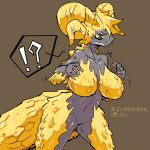  1:1 ?! anthro big_breasts breasts brown_background brown_eyes capcom claws elder_dragon featureless_breasts featureless_crotch female finger_claws gold_body gold_scales grey_body head_tuft hi_res horn implied_transformation japanese_text kulve_taroth looking_at_self matsukura monster_hunter nude shaded simple_background solo standing teeth text thick_tail tuft video_games yellow_claws 