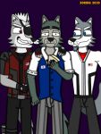  3:4 anthro beard beastars canid canine canis clothed clothing digital_drawing_(artwork) digital_media_(artwork) eye_patch eyewear facial_hair food fur goatee group hair hi_res jacket legoshi_(beastars) looking_at_viewer male mammal nintendo pike_(rimba_racer) rimba_racer sandwich_(food) school_uniform simple_background simple_coloring smile star_fox starlink:_battle_for_atlas teeth topwear uniform vest video_games wolf wolf_o&#039;donnell xoring 