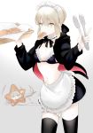  1girl apron artoria_pendragon_(all) artoria_pendragon_(swimsuit_rider_alter) bangs bikini bikini_top black_bikini black_jacket black_legwear black_ribbon black_skirt braid braided_bun breasts choker cleavage croissant eyebrows_visible_through_hair fate/grand_order fate_(series) food frilled_apron frilled_bikini frills gradient gradient_background grey_background groin hair_between_eyes hair_ribbon highres holding hood hood_down hooded_jacket jacket jeanne_d&#039;arc_(alter)_(fate) jeanne_d&#039;arc_(fate)_(all) maid_headdress midriff miniskirt mouth_hold navel neck_ribbon open_clothes open_jacket ribbon short_hair silver_hair skirt small_breasts solo standing stomach suzuakks swimsuit thighhighs waist_apron white_apron white_background yellow_eyes zettai_ryouiki 