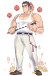  1boy aizen_(tokyo_houkago_summoners) alternate_costume bara black_hair blush bracelet chest close-up facial_mark forehead_mark full_body jewelry kijimahyogo looking_at_viewer male_focus official_art open_mouth pants red_eyes shoes solo sweatdrop tank_top tokyo_houkago_summoners 