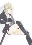  1girl absurdres artoria_pendragon_(all) bangs black_footwear black_jacket black_ribbon black_shirt black_shorts blonde_hair boots closed_mouth collarbone dark_excalibur eyebrows_visible_through_hair fate/stay_night fate_(series) floating_hair hair_between_eyes hair_ribbon hand_on_hilt highres hood hood_down hooded_jacket invisible_chair jacket jewelry karakuri2357 knee_boots long_hair looking_at_viewer necklace open_clothes open_jacket ribbon saber_alter shirt short_shorts shorts simple_background sitting smile smug solo white_background yellow_eyes 