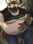  2020 3:4 anthro belly bottomwear brown_body brown_fur bulge canid canine canis clothed clothing domestic_dog fur hi_res humanoid_hands kemono male mammal moobs nikiciy nipples open_shirt overweight overweight_anthro overweight_male pants shirt solo topwear 