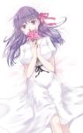  1girl bangs black_ribbon bouquet breasts dress eyebrows_visible_through_hair fate/stay_night fate_(series) flower from_below hair_between_eyes hair_ribbon holding holding_bouquet long_hair looking_at_viewer lying matou_sakura medium_breasts on_back pink_flower purple_eyes purple_hair red_ribbon rei_no_himo ribbon ro96cu shiny shiny_hair short_sleeves simple_background solo sundress white_background white_dress 