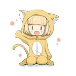  1girl :o animal_costume animal_ears animal_hood bangs blonde_hair blunt_bangs blush cat_costume cat_ears cat_hood cat_pajamas cat_tail child commentary full_body hood kneeling looking_at_viewer nmemoton no_nose open_mouth pajamas solid_oval_eyes solo tail uchi_emiri watashi_ga_motenai_no_wa_dou_kangaetemo_omaera_ga_warui! waving white_background yellow_pajamas younger 