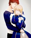  1boy 1girl artoria_pendragon_(all) black_pants blonde_hair blue_ribbon blue_sleeves braid braided_bun closed_eyes emiya_shirou fate/stay_night fate_(series) grey_background hair_ribbon head_tilt highres hug hug_from_behind long_sleeves open_mouth pants red_hair ribbon saber shirt short_hair shrug_(clothing) simple_background skirt smile suzuakks white_shirt 